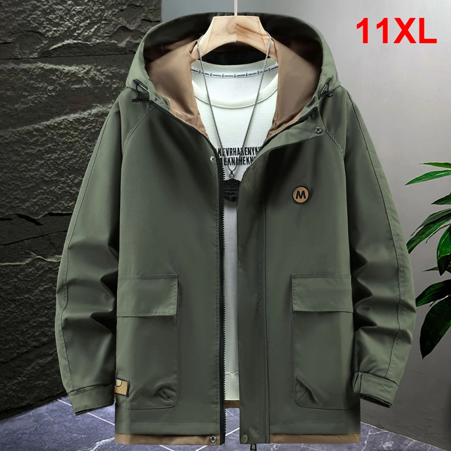 

Green Windbreaker Jacket Men 11XL Plus Size Cargo Jackets Hooded Coat Male Fashion Casual Outerwear Big Size 10XL 11XL