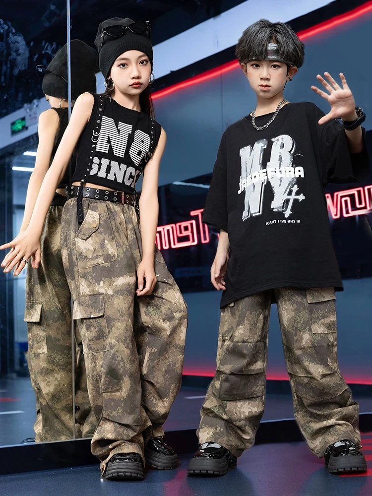 2024 Children Hip Hop Dance Costumes For Girls Black Tops Camouflage Pants Suit Boys Jazz Modern Dance Stage Clothes  DN18202