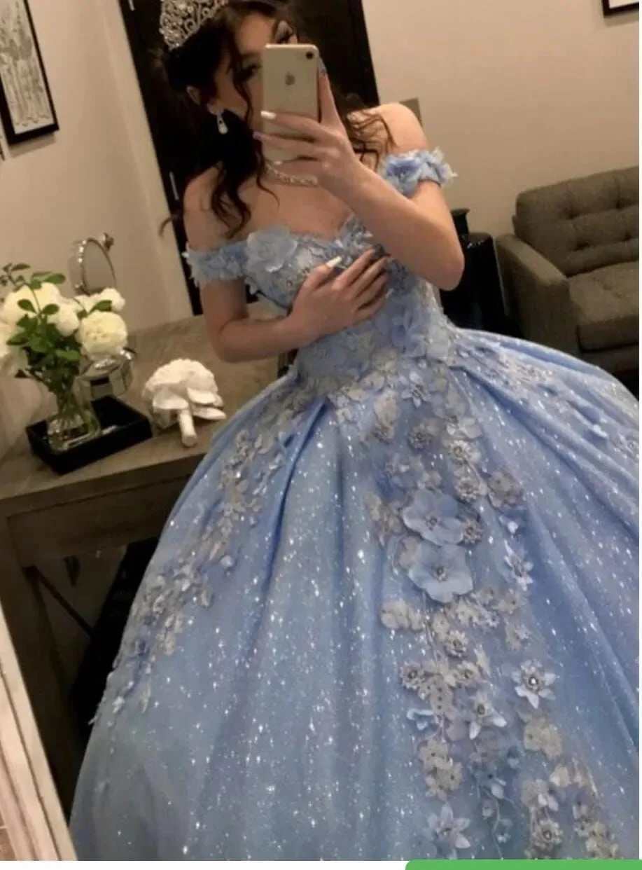 ANGELSBRIDEP Sparkly Ball Gown Light Blue Quinceanera Dress Elegant Luxury Prom Dresses 3D Floral Appliques Lace Party Dress