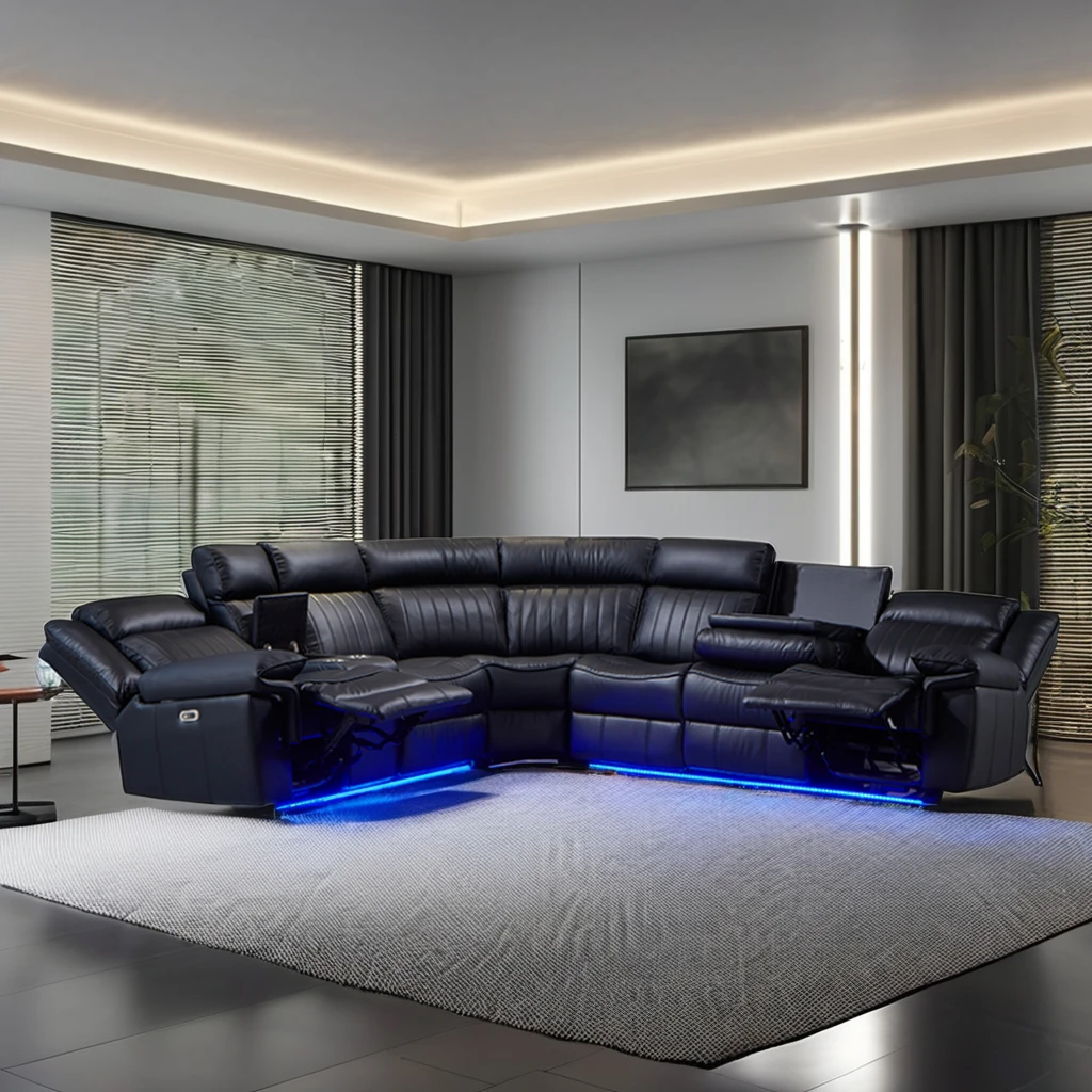 #Modern Design High Quality Leather Sectional Sofa Set for Living Room Multi-Functional Sofa With Led Light Modular Recliner
