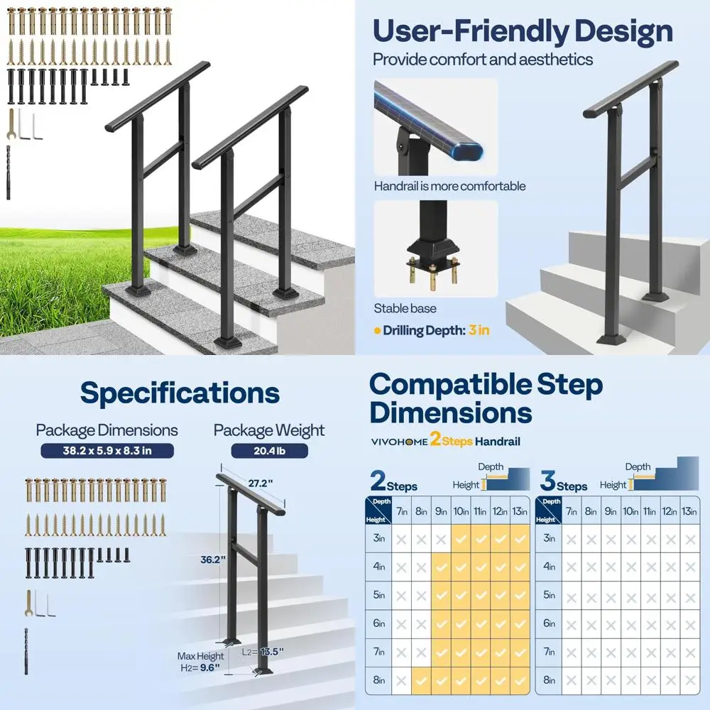 قضبان يدوية خارجية بخطوتين، فولاذ مجلفن، درابزين بيضاوي أسود للشرفة والسطح، درابزين سلالم خارجي متين #1