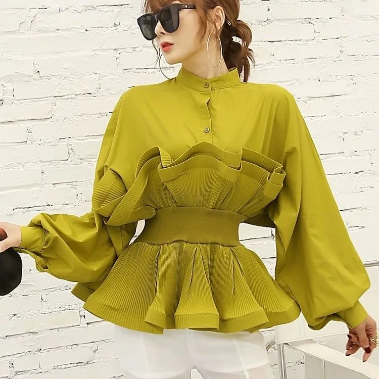 Stretch Slim Waist Design Women Blouse Vintage Trendy Y2K Lady Autumn Tops Stand Neck French Romantic Shirts Charming Allure Top