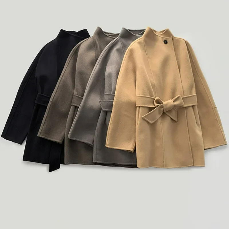 

Women Double-sided Wool Blends Coats Winter Stand-up Collar Single Buckle Belt Minimalist Woolen Tops Autumn Models Cashmere