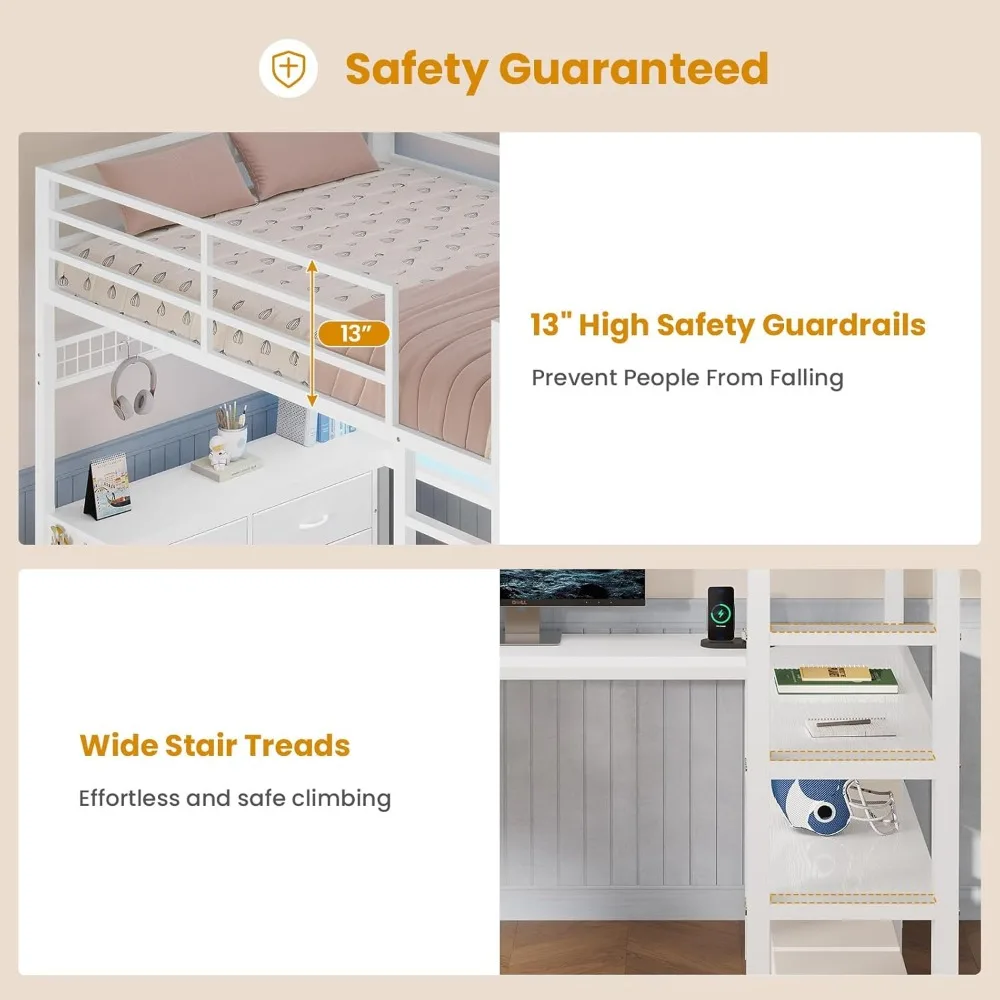 Cama alta de tamanho completo com mesa em forma de U, 6 gavetas, tomada de energia, iluminação LED e prateleiras de armazenamento