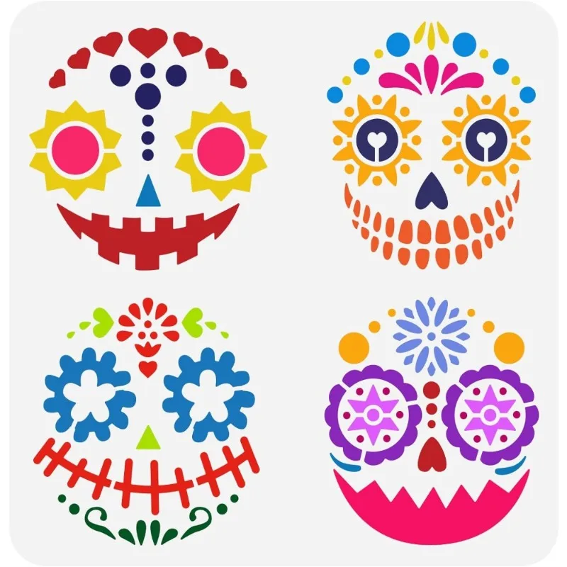 1pc Sugar Skull Expression Stencil 11.8x11.8 inch Day of The Dead Decor Stencils Plastic 4 Styles Sugar Skull Patterns Stencil