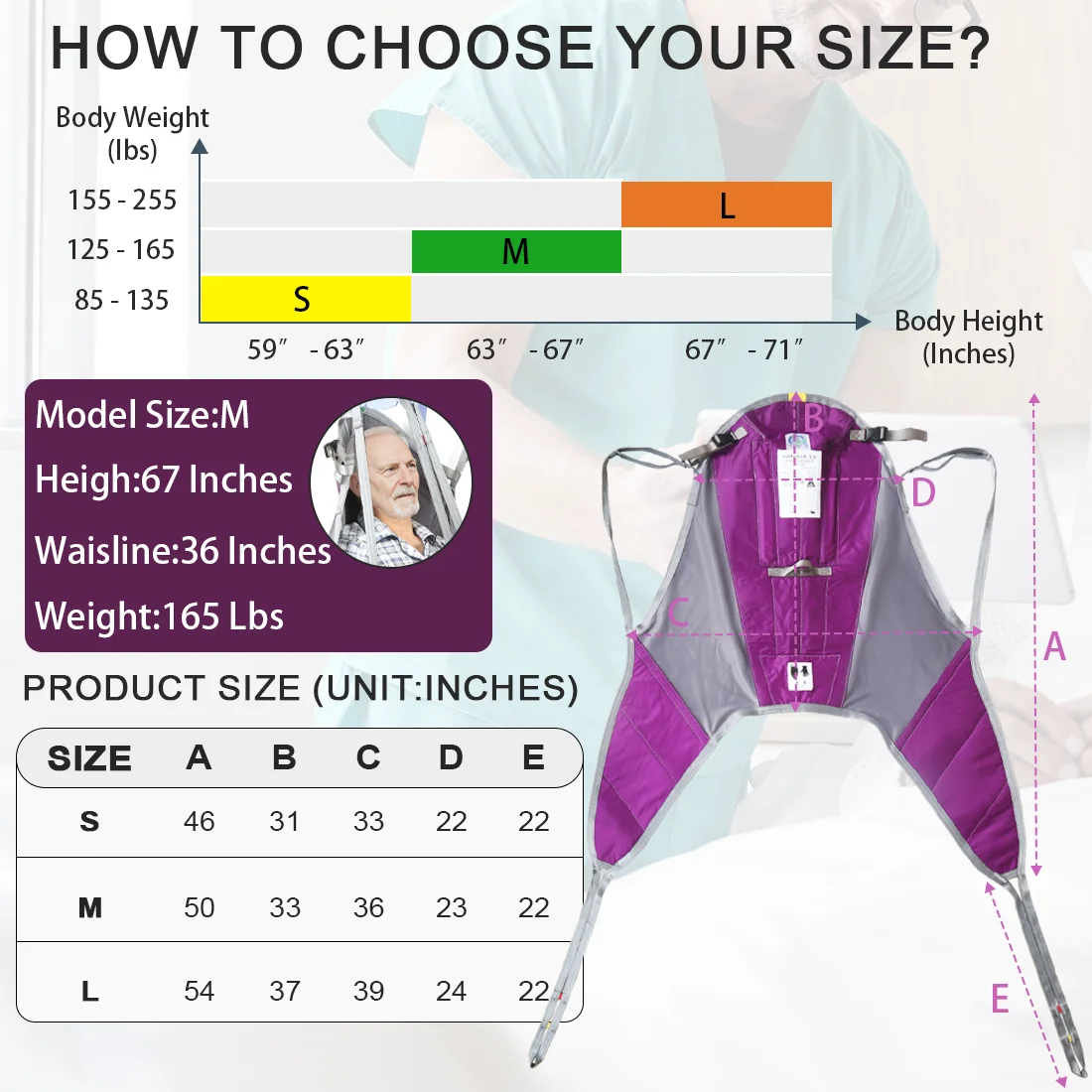 Ehucon Imbracatura per gambe divisa per sollevamento paziente durevole Imbracatura per paranco di trasferimento con supporto per la schiena alta per anziani Capacità di peso di 500 libbre