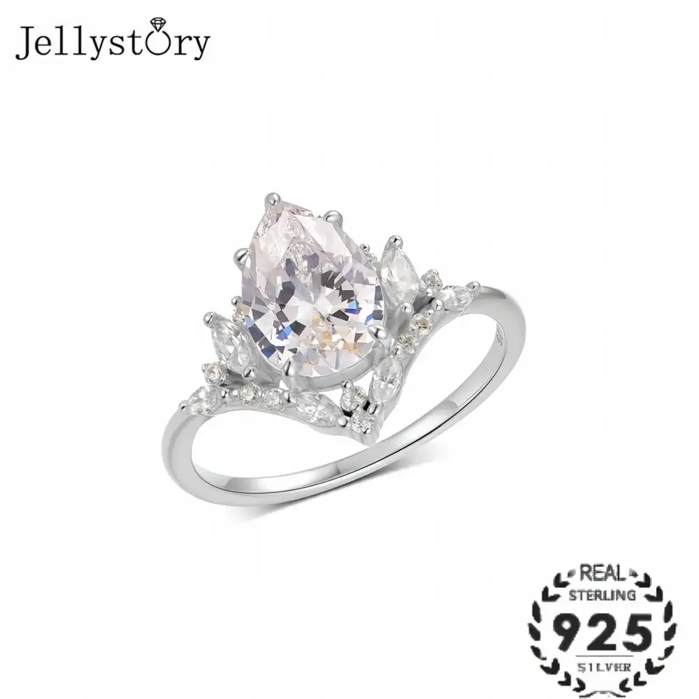 JellyStory S925 Silver Teardrop Crown Band, Full Inlaid Moissanite Minimalist Design, Princess Inspired Jewelry for Daily Wear