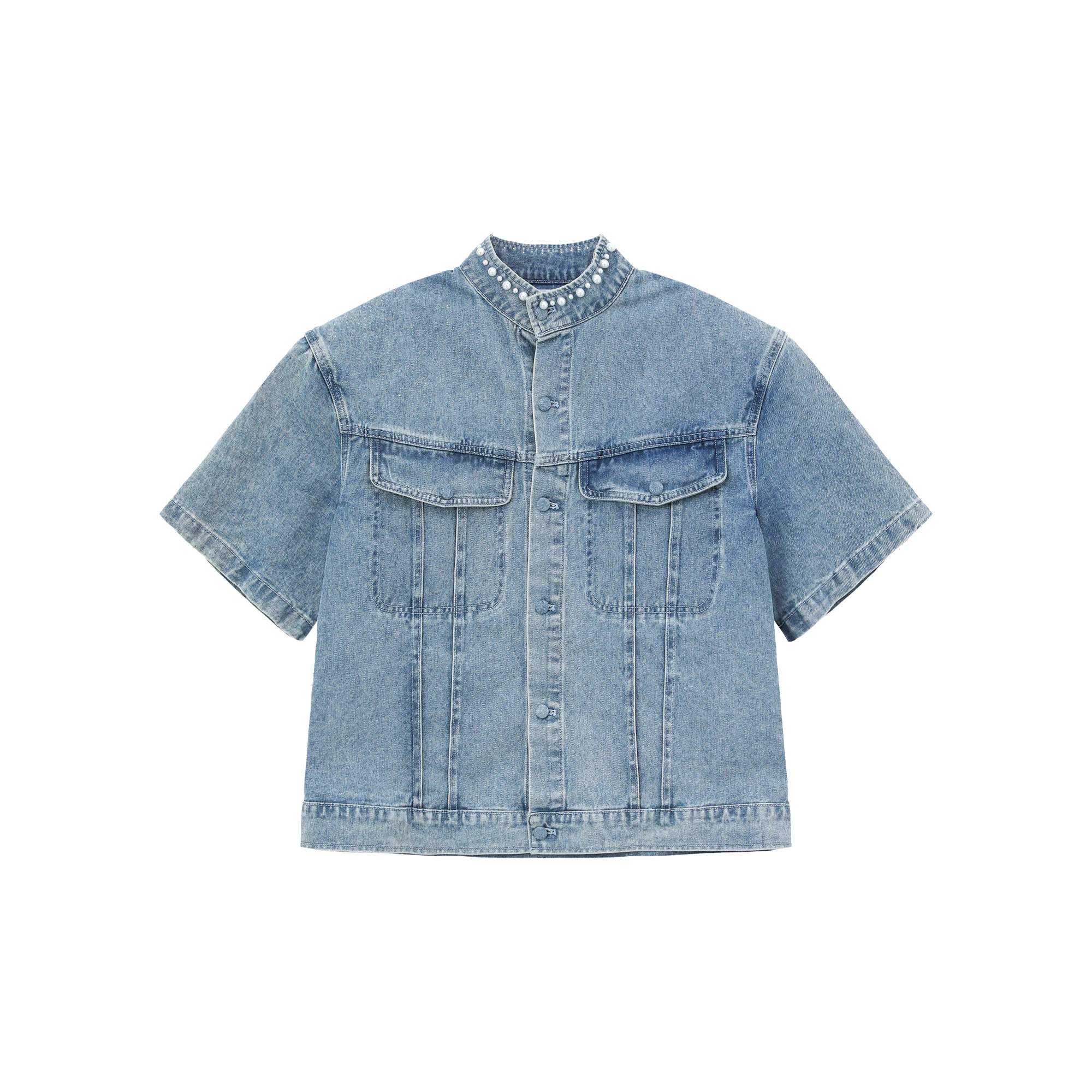 2025 Men's Summer New Pearl Collar Padded Shoulder Short Sleeve Denim Jackets High-end Solid Color Loose Straight-leg Jeans Sets