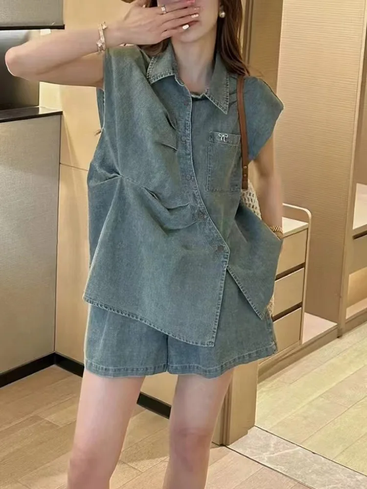 

Fashionable Summer Outfit Women's Sleeveless Wide Leg Jeans Shorts Set Irregular Buttoning High Waist Breathable Light Weight