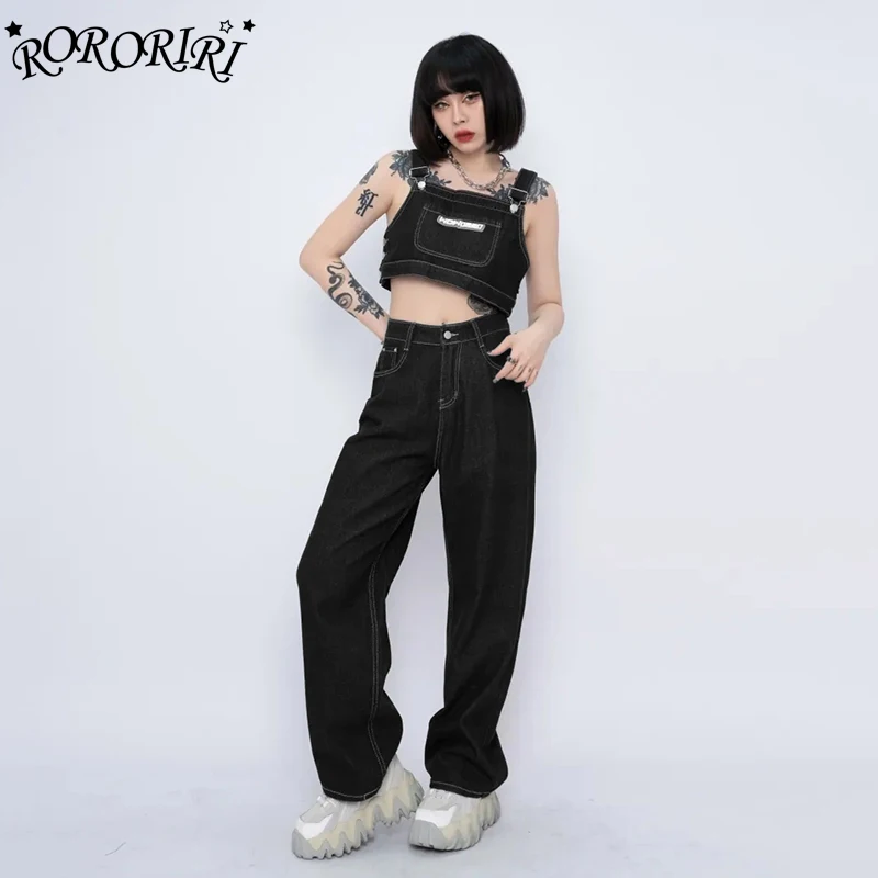 RORORIRI-Terno jeans com costura branca para mulheres, calça casual, sólida, alças ajustáveis, bolso para babadores, jeans largas retas, streetwear