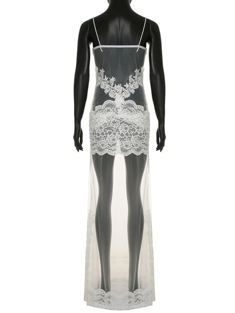 Femme vêtements Spaghetti sangle transparente robe longue Clubwear Sexy dentelle Patchwork maille sans manches robes robes de soirée