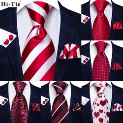 Hi-Tie White Red Striped Paisley Solid Wedding Tie For Men Design Mens Necktie Hanky Cufflink Business Party Dropshipping