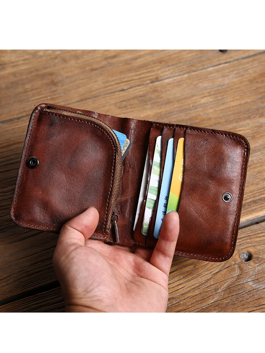 Vintage high-quality first layer cowhide men's wallet simple handmade designer luxury genuine leather ID cardholder coin purse