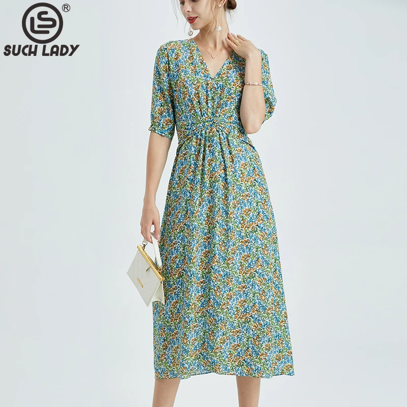 

100% Natural Silk Dress V Neck Short Sleeves Picked Printed Elegant Designer Women's Vestidos