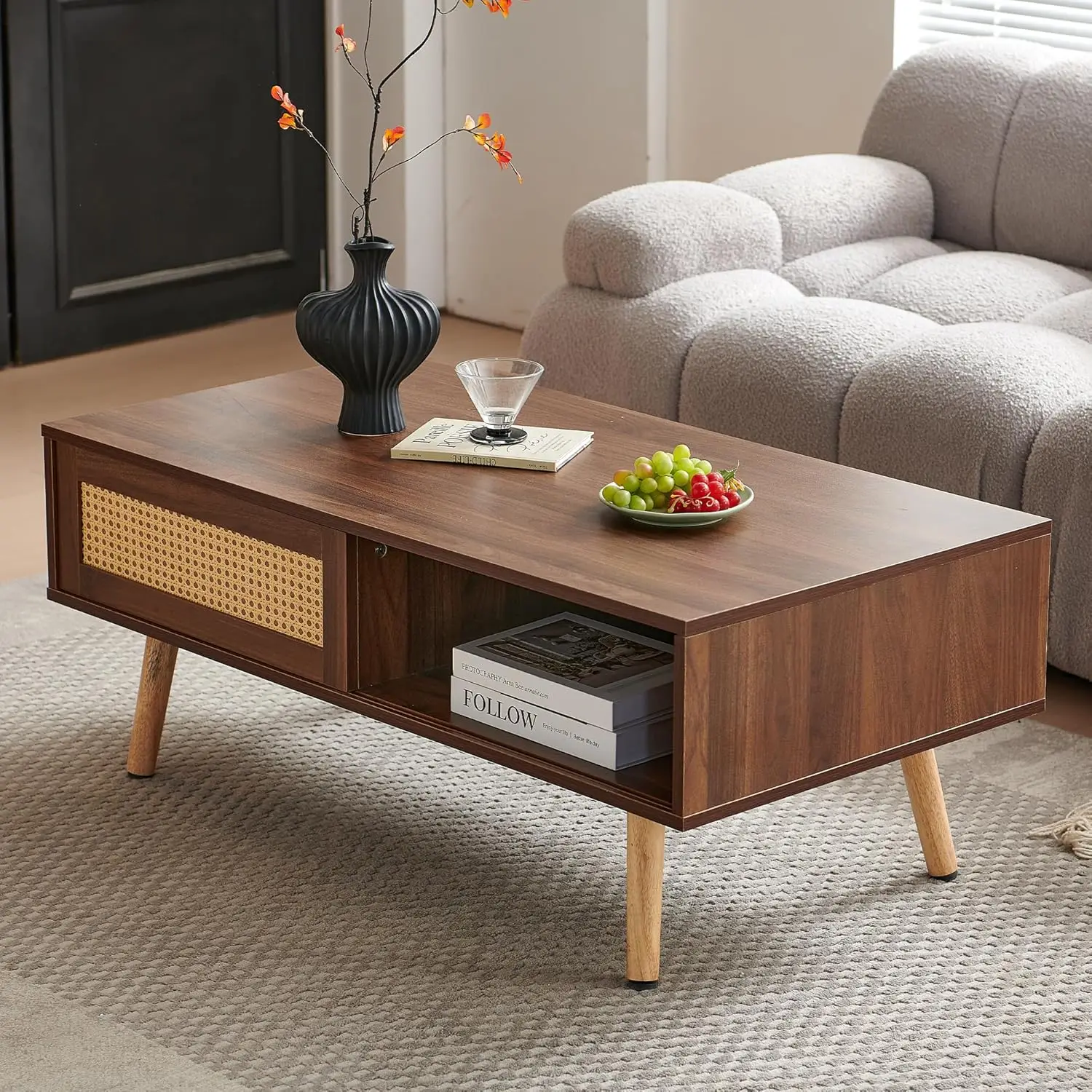 

41.3" Wood Coffee Table Storage Modern Rectangle Center Sofa Sliding PE Rattan Door Solid Leg Living Room Apartment, Customized