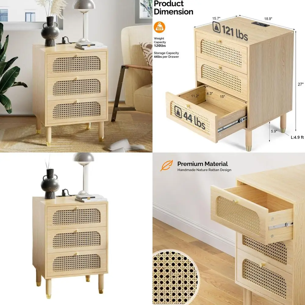 

Тумбочка из ротанга с 3 ящиками, мебель для спальни в стиле бохо, тумбочка высотой 27 дуба и зарядная станция