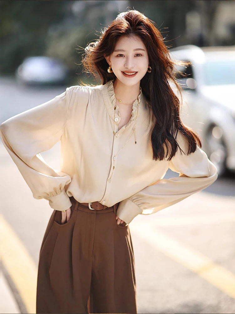 

Elegant Silk Stand Collar Shirt Women's New Early Spring Fashion Earlet Top Layered Wear Base Inner Silk Shirt Autumn Wi...
