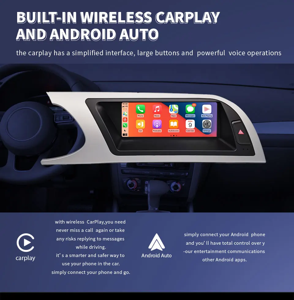 Lecteur de voiture sans fil Carplay Android 13, 8 cœurs, CPU, navigation GPS, Google Play Store, tablette pour Audi A4, B8, 2009-2016