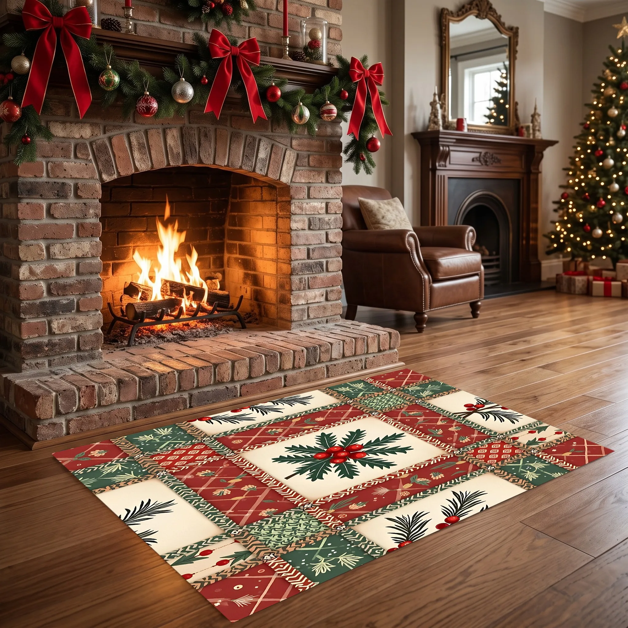 Retro Patchwork Pine Branch and Red Berry Christmas-Themed Velvet Rug, Suitable for Entryways, Living Rooms, and Bedrooms, Creating a Warm and Inviting Autumn/Winter Atmosphere