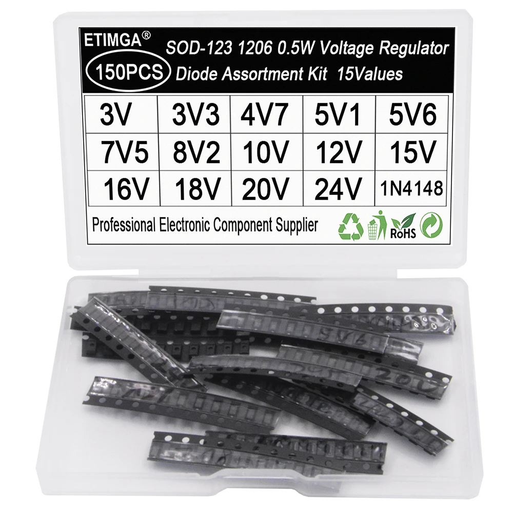 150PCS 15Values SOD123 1206 0.5W Zener Diode Voltage Regulator Assortment Kit Sample Bag with Box