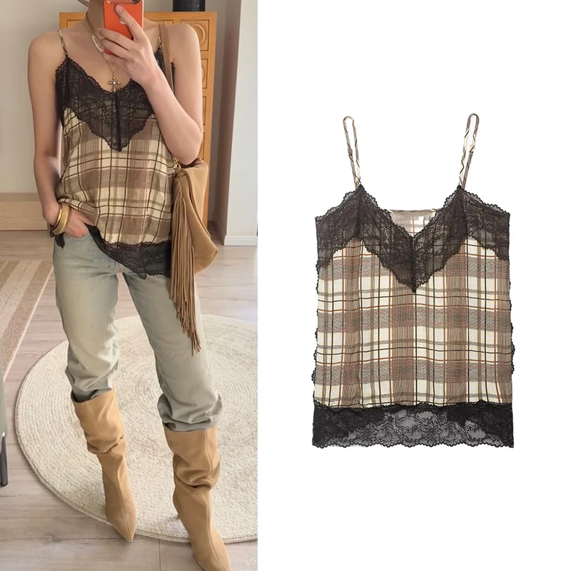 Women's Top 2026 New Fashion Spring Summer Plaid Lace Strappy Top for Women Chic Personality Ladies Spaghetti Strap Top