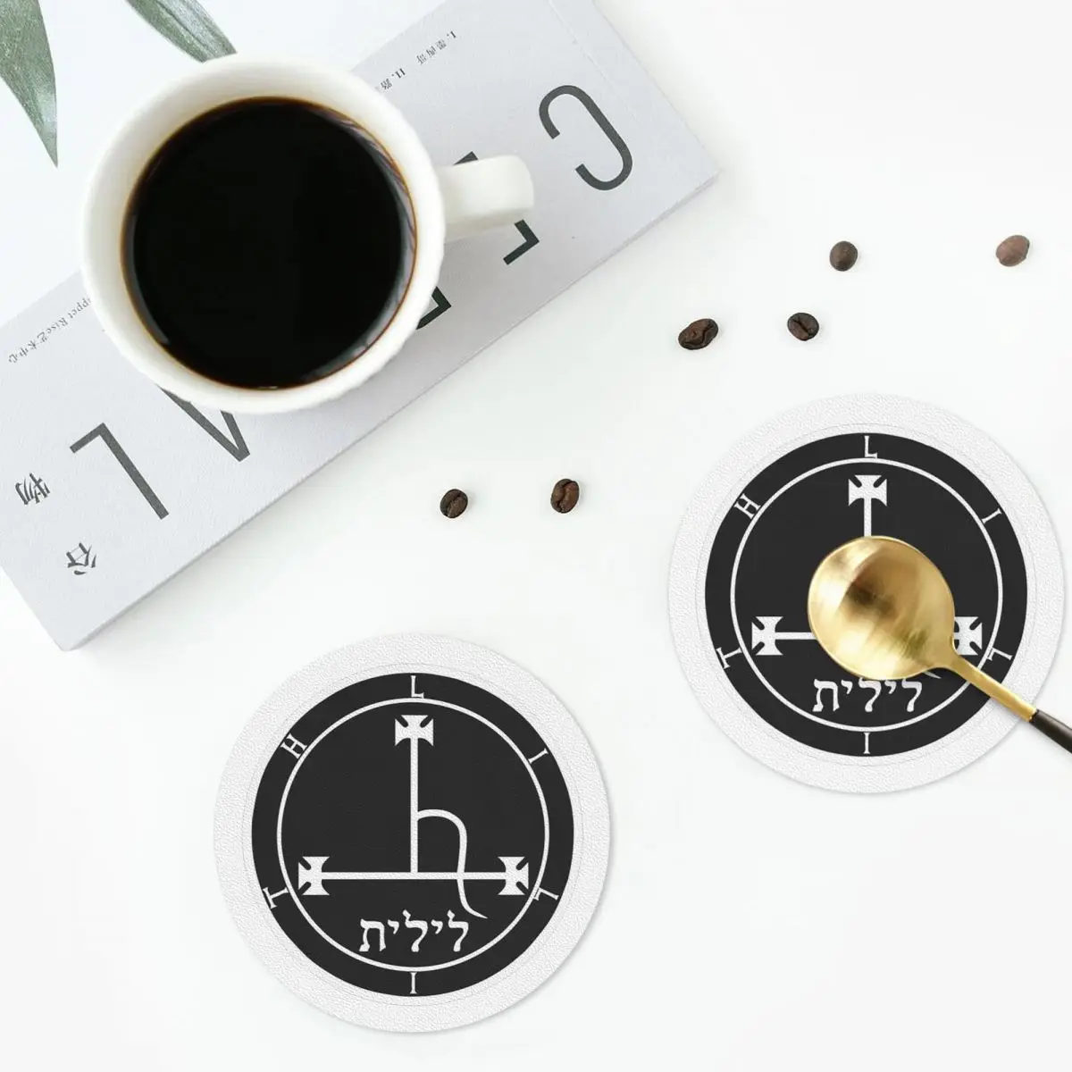 Posavasos de tela para altar con sello de Lilith, manteles individuales de cuero PVC, tapetes antideslizantes para café, juego de 6 para el hogar, cocina y comedor