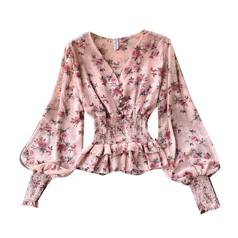 Spring Summer Women\'s Blouse French Retro Floral V-neck Puff Sleeve Top New Waist Slim Long-sleeved Female Short Tops HH529