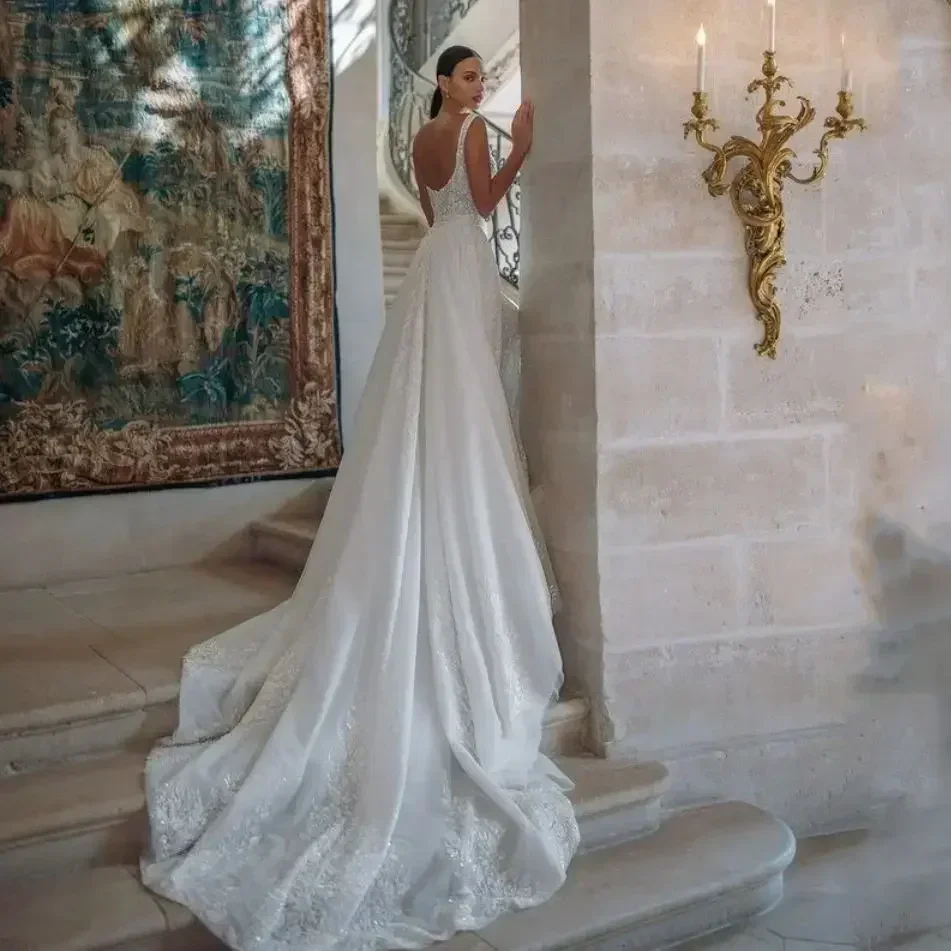 Maßgeschneiderte exquisite Brautkleider für Square-Neck A-Linie Spitze Applikationen Pailletten Braut Party Kleider Vestido De Novia