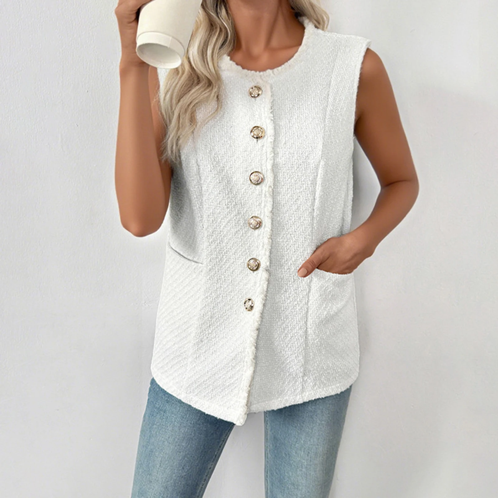 

Women's Elegant Vest Jacket Solid Raw Trim Crew Neck Button-up Sleeveless Cardigan for Spring Fall