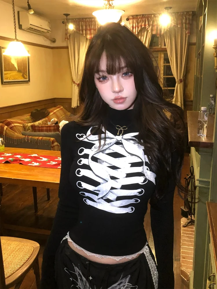 

Женская черная футболка Harajuku Y2k, футболка, винтажный эстетичный китайский стиль, футболки оверсайз с длинными рукавами, одежда 2000-х годов, 2025 г.