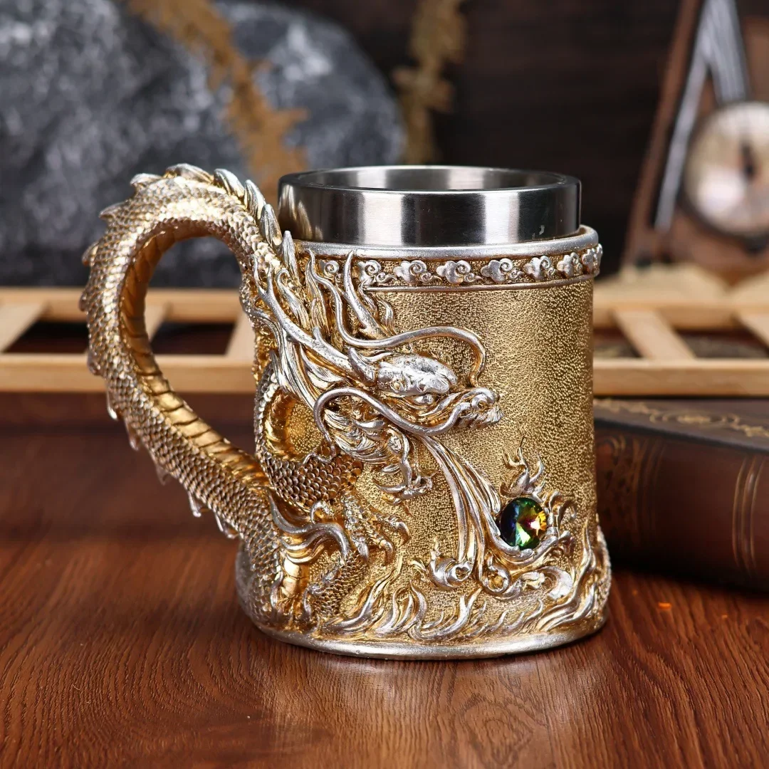 600ML Golden Copper Dragon Beer Resin Tankard 304 Stainless Steel  Medieval Tea Cup Coffee Beer Mug Copper Color New Party Bar