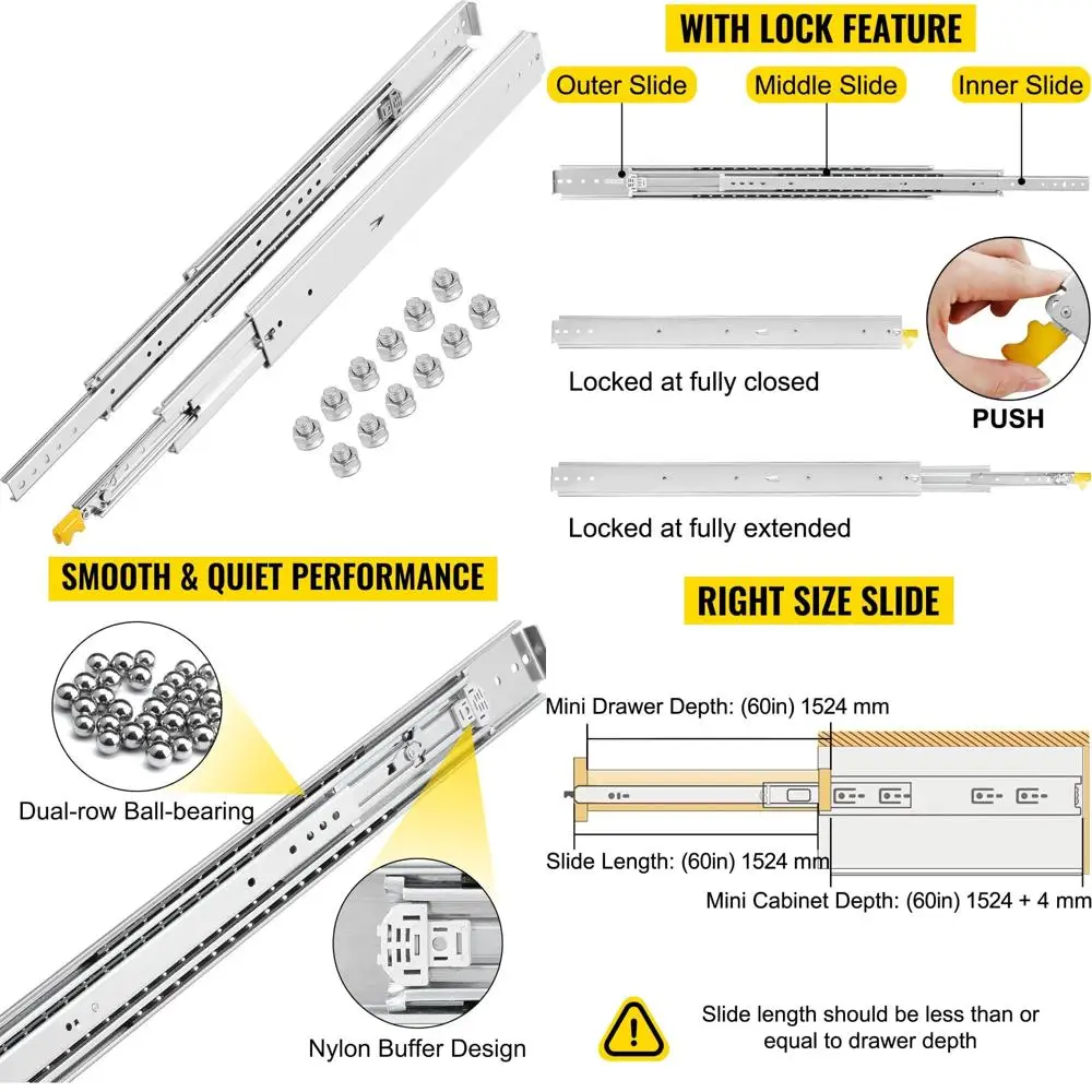 Rel Laci Pengunci 60 Inci dengan Kapasitas 500 lbs, Rel Bantalan Bola Pemasangan Samping untuk Laci Panjang yang Dapat Ditarik Sepenuhnya
