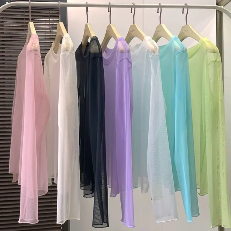 Camisetas de malla con protección solar Kpop Kawaii para mujer, camiseta rosa Y2K, camiseta linda y sexy de verano, ropa vintage barata, ropa de calle para mujer, camisetas de encaje