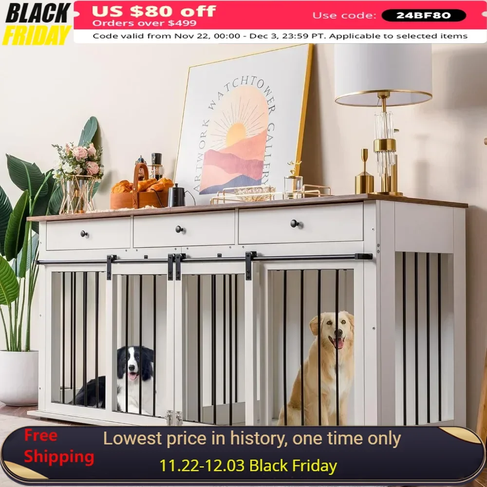 

Dog Crate, Wooden Dogs Kennel with Room Divider & 3 Drawer, Double Doors Heavy Duty Dog Crate End Table Indoor TV Stand