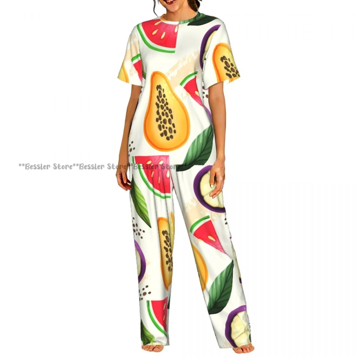 

Женский комплект из 2 предметов: пижама с принтом тропических фруктов, топ с короткими рукавами и брюки для сна