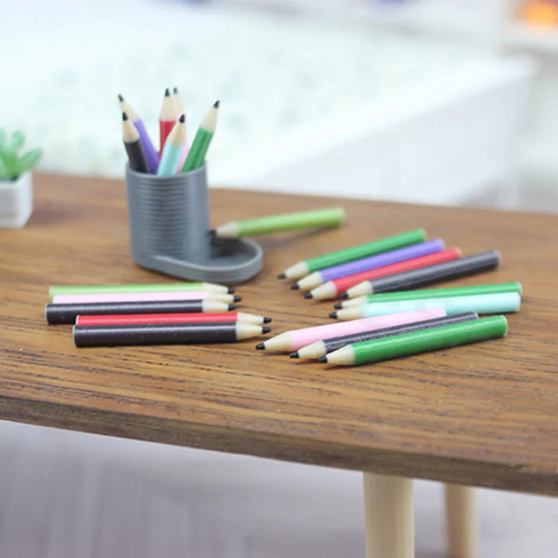 Conjunto de 12 Porta-Canetas para Casa de Bonecas com 6 Lápis Coloridos, Decoração para Casa de Bonecas, Brinquedos de Faz de Conta para Crianças