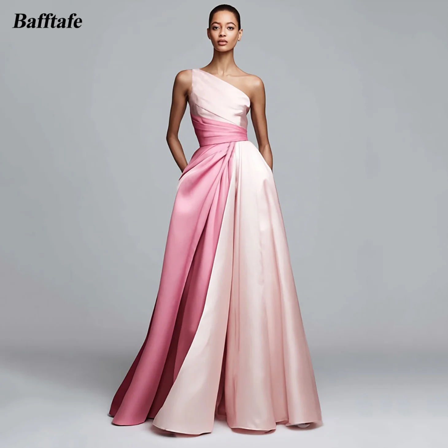 Bafftafe 2 Colors A Line Satin Customized Formal Prom Dresses One Shoulder Long Special Occasion Wedding Party Bridesmaid Dress