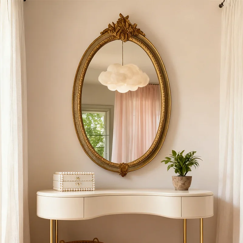 

French oval retro makeup mirror homestay home bathroom bathroom mirror carved light luxury wall hanging bedroom dressing mirror