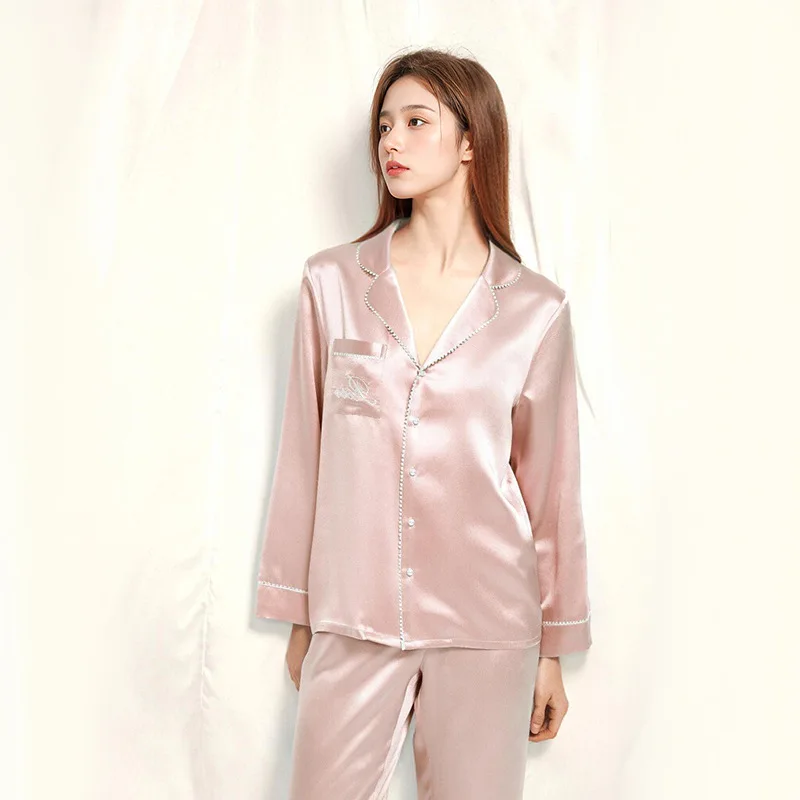 High Quality Pajamas Women's Embroidered Real Silk Suit Homewear Outer Wear