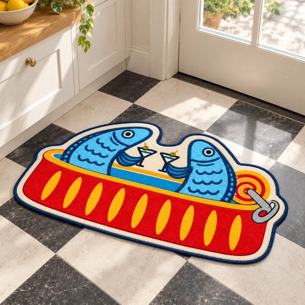 Sardine Tin Shaped Area Rug Soft Short Plush Fish Cocktail Retro Seafood Floor Mat for Kitchen Dining Room Entryway Home Decor