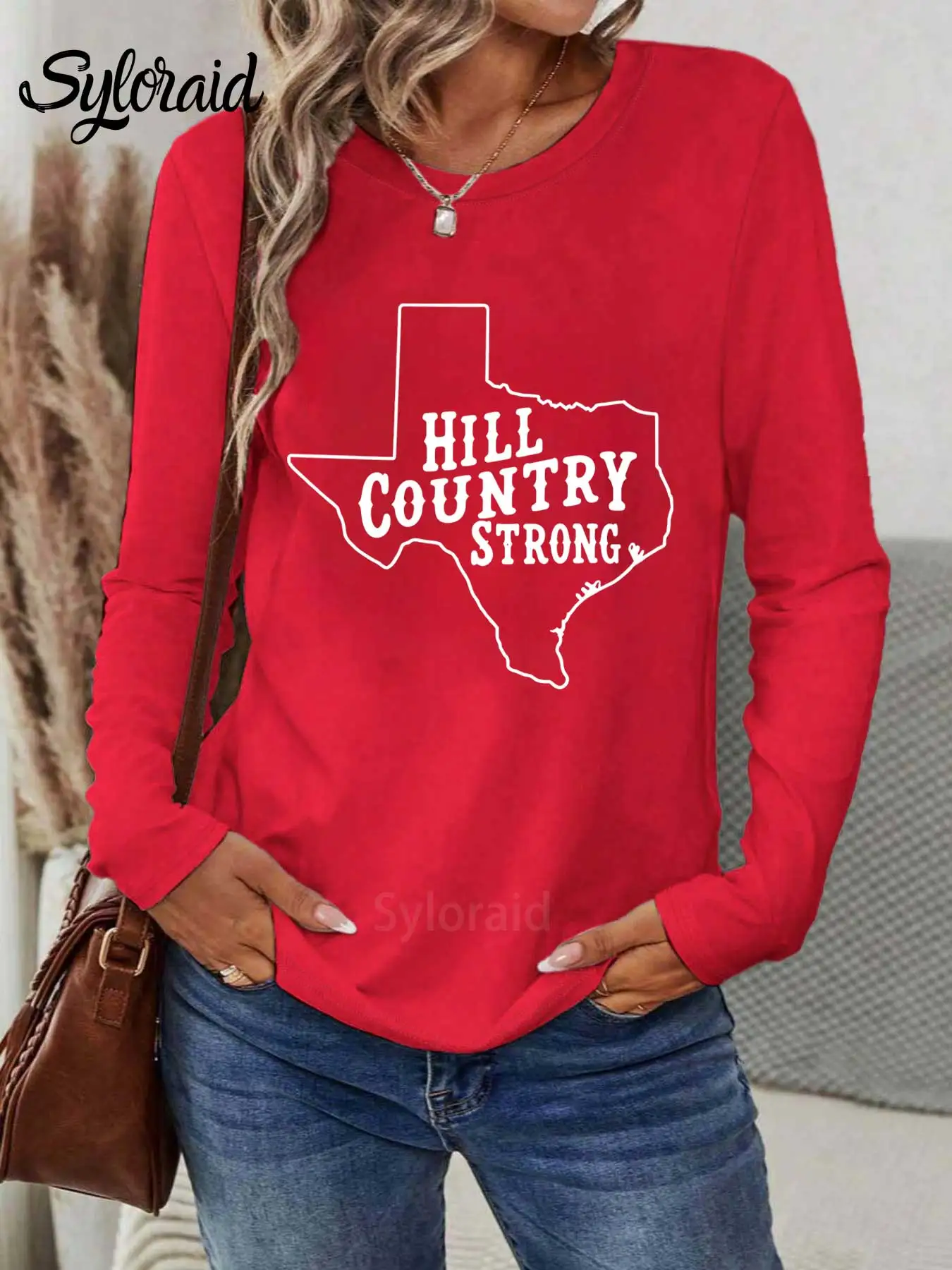 レディース長袖Tシャツ ヒルカントリー ストロング グラフィックTシャツ 災害救助シャツ ファッション ラウンドネック カジュアルトップ