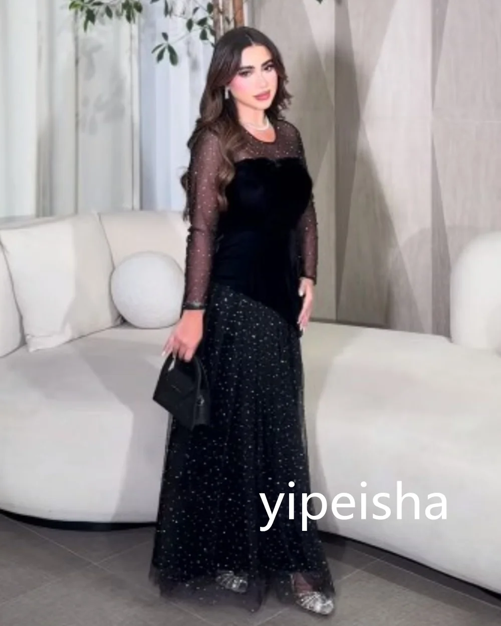 Customized A-line O-Neck Tulle Prom Gowns Ankle-Length Sequined Long Sleeve Evening Dresses Black Party Dresses  فساتين سهرة