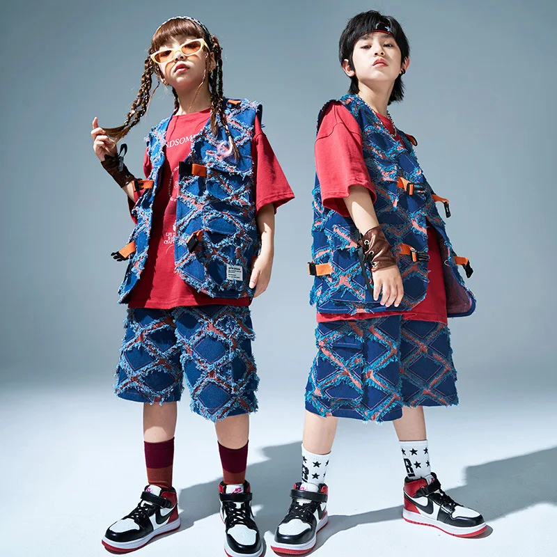 Kid Kpop Hip Hop Clothing Checkered Raw Patched Vest Top Casual Wide Cargo Shorts for Girls Boys Jazz Dance Costume Clothes Set