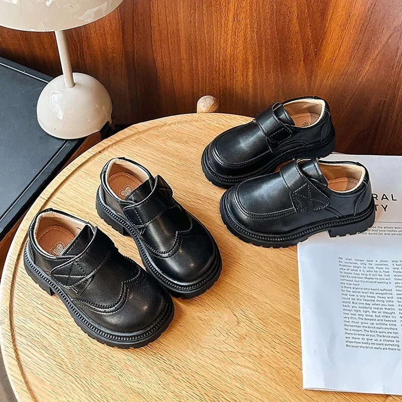 

New Children Black Leather Shoes 2025 School Simple Boys Formal Uniform Flat Shoes Versatile Solid Color Kids Causal Dress Shoes