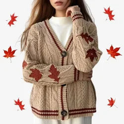 Autumn Leaves Cardigan Women Fall Winter Red Embroidered Knitted Sweater Female Maple Leaf Oversized Cardigan Y2k Folklore Girl