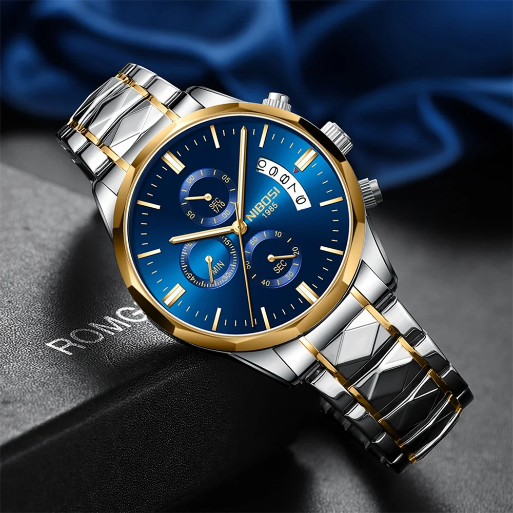 NIBOSI العلامة التجارية موضة ساعة كوارتز رجالية الفولاذ المقاوم للصدأ مقاوم للماء مضيئة التقويم الفاخرة ساعات كرونوغراف رجالي Reloj Hombre