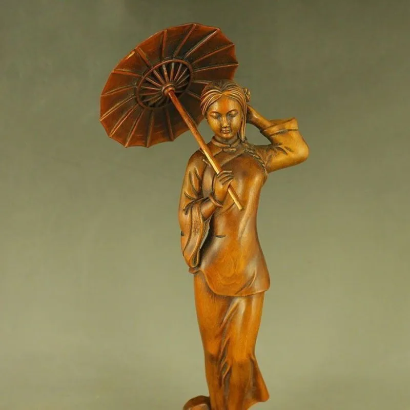 Hand Carved Wood Beautiful woman holding an umbrella Statue Figurine Desktop Ornaments Home Decoration Crafts Tea Pet Decor
