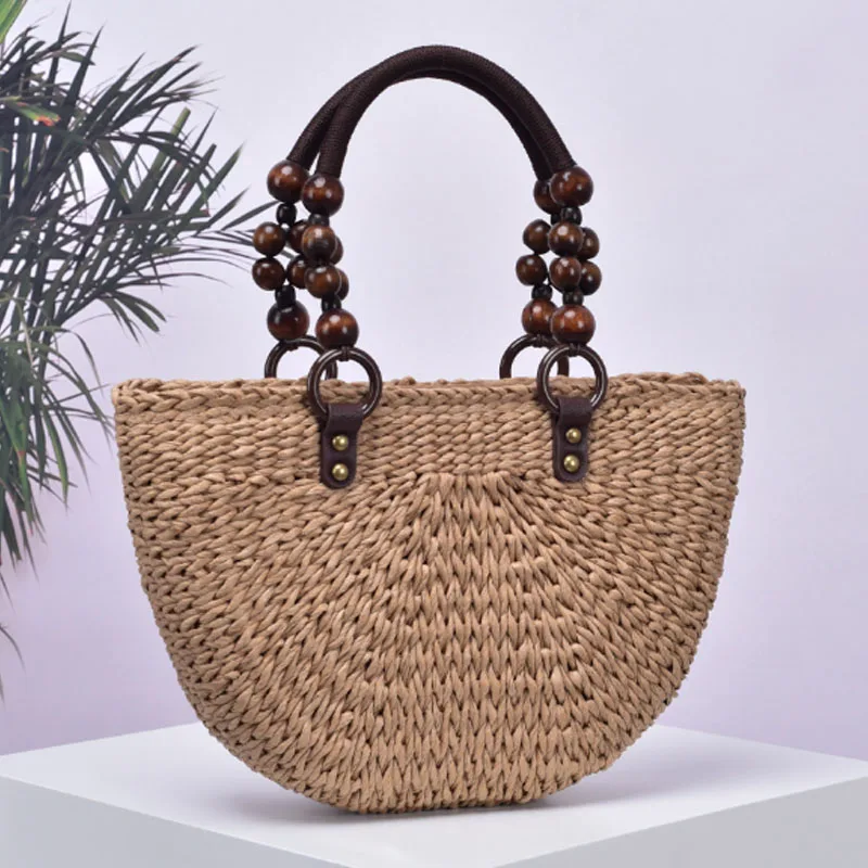 2024 New Handmade Grass Woven Women Bag with Wooden Bead Handle Half Round Beach Style Tote Bag Women Handbag