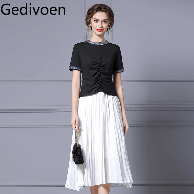 

Gedivoen 2025 г., новая коллекция, черный топ, плиссированная юбка, деловая поездка на работу, стройный пух, хлопковая элегантная и модная, состоящая из двух частей