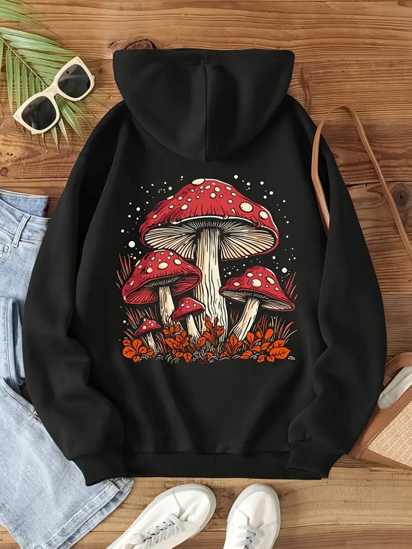 

Толстовка с карманом-кенгуру с грибным принтом, повседневная толстовка с капюшоном и длинными рукавами на шнурке, осень и зима, женская одежда